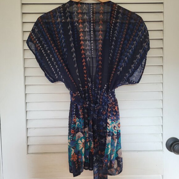 Xhilaration Women's Sheer Blouse Medium Navy BLUE Deep V-Neckline Tie Waist EUC - Picture 2 of 6